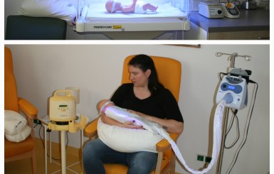 Lichttherapie „früher“ (oben) und „heute“ im Arm der Mutter